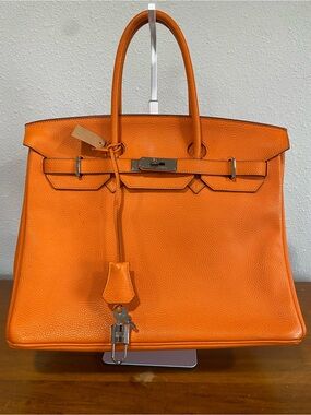 Orange Structured Leather Top-Handle Tote 35cm